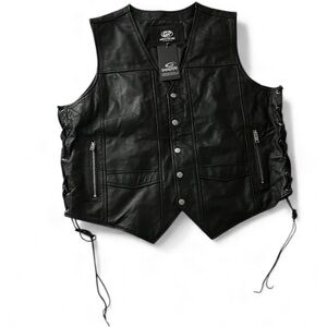 Gold Panel Black Genuine Leather Biker Motorcycle Vest 2XL Premium Leather New